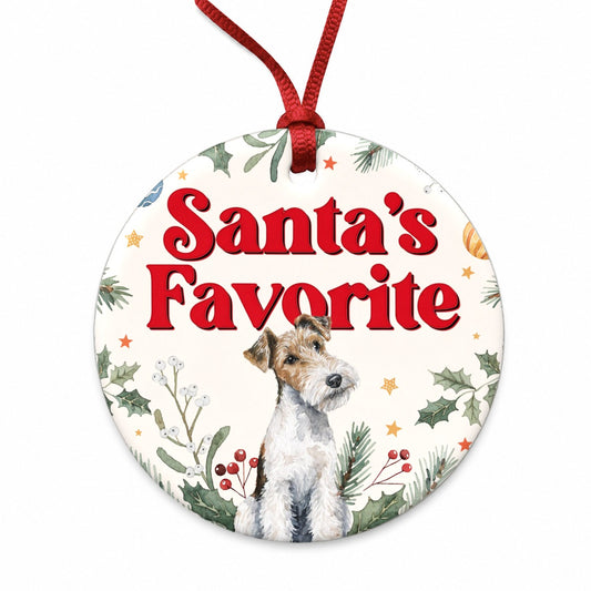 Wire Fox Terrier Dog Christmas Santa's Favorite Round Ceramic Holiday Christmas Tree Ornament