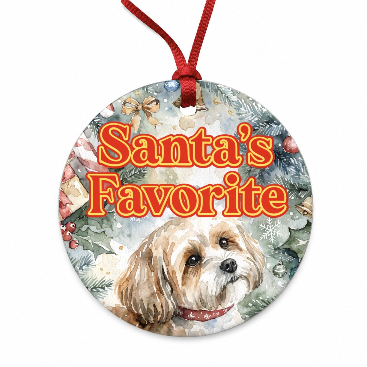 Yorkipoo Dog Christmas Santa's Favorite Round Ceramic Holiday Christmas Tree Ornament