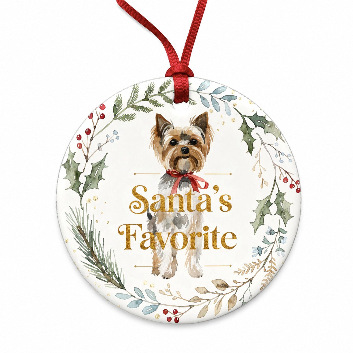 Yorkshire Terrier Yorkie Dog Christmas Santa's Favorite Round Ceramic Holiday Christmas Tree Ornament