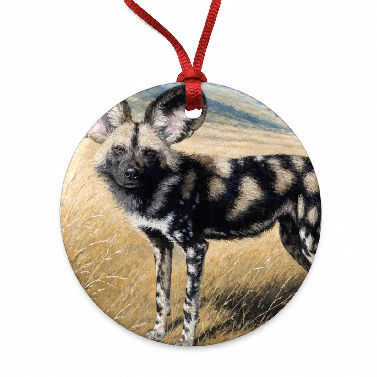 African Wild Dog Round Ceramic Holiday Christmas Tree Ornament