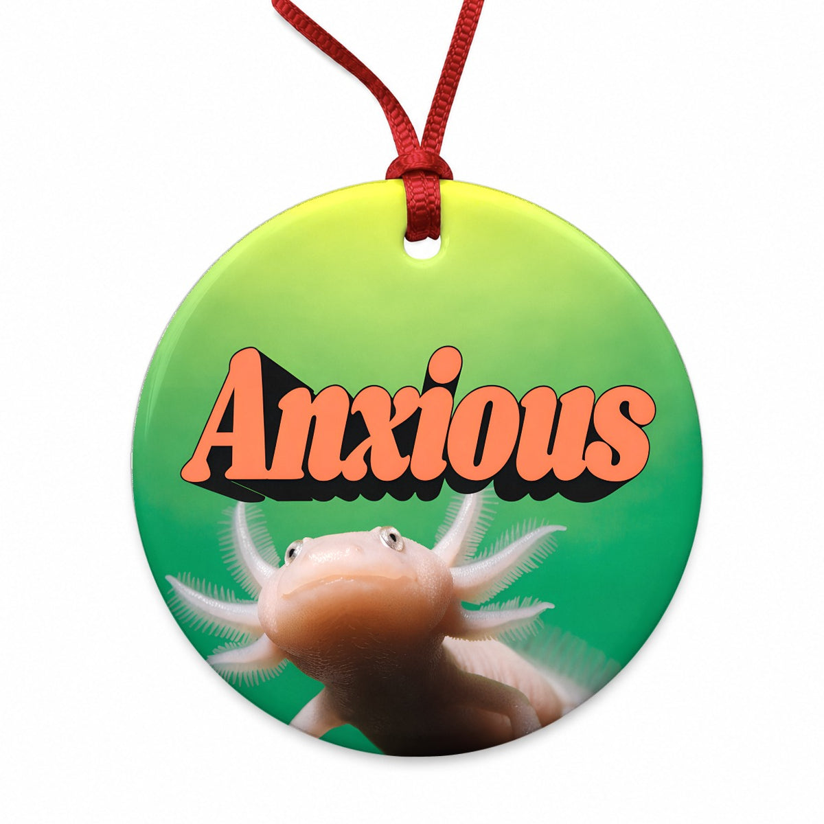 Anxious Axolotl Funny Round Ceramic Holiday Christmas Tree Ornament