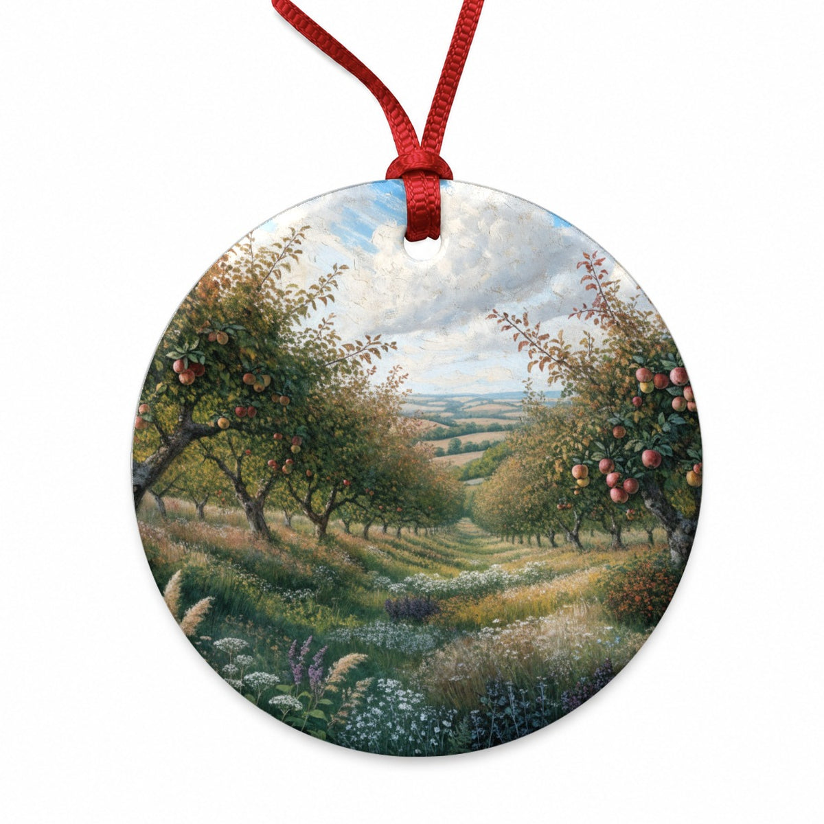 Apple Orchard Country Illustration Round Ceramic Holiday Christmas Tree Ornament