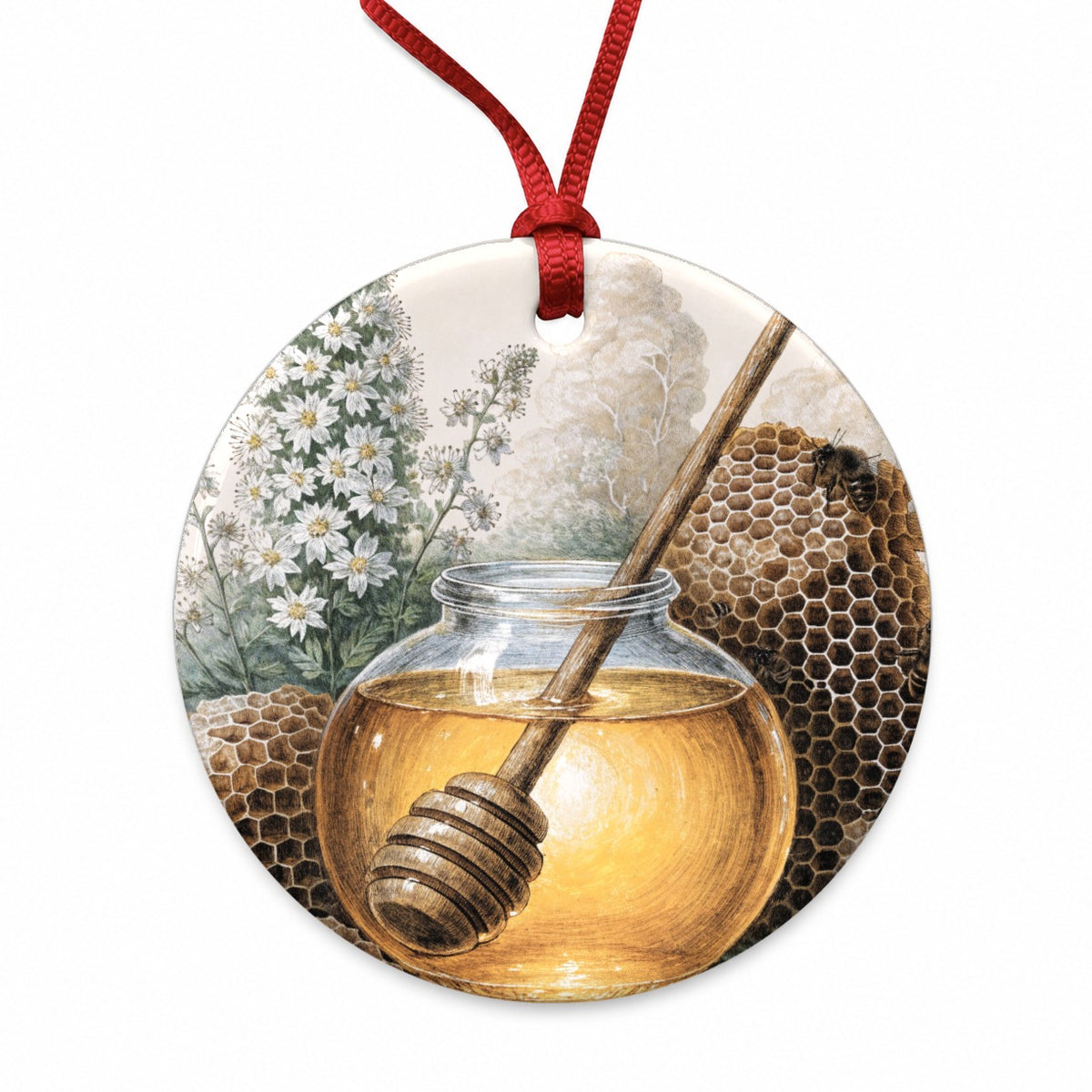 Artisan Honey Harvest Round Ceramic Holiday Christmas Tree Ornament