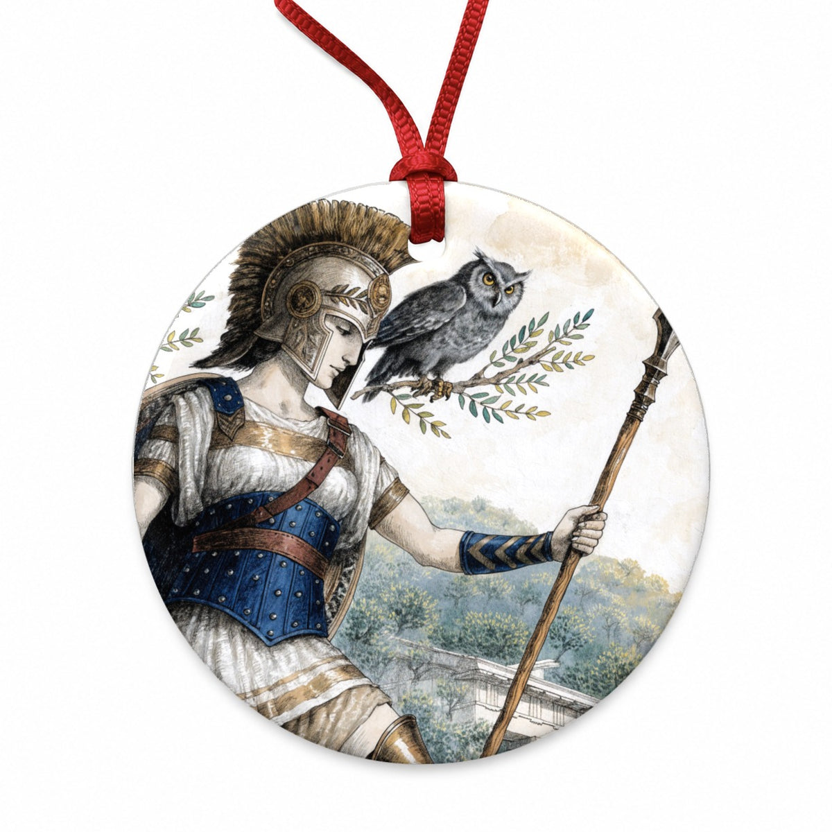 Athena Greek Goddess Round Ceramic Holiday Christmas Tree Ornament
