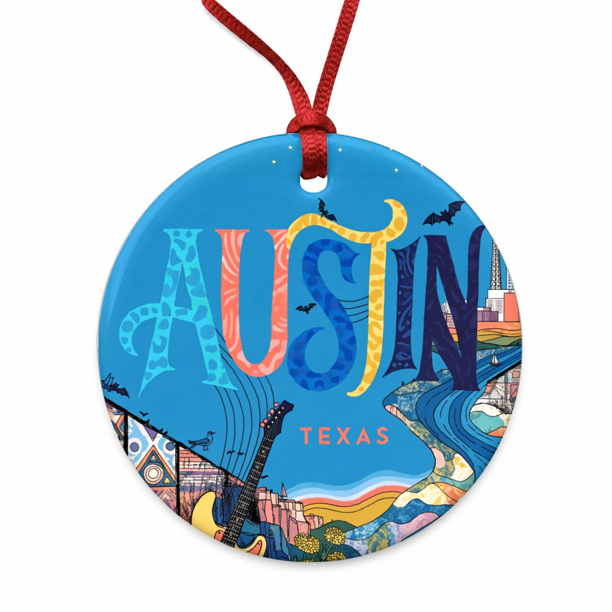 Austin Texas Travel Round Ceramic Holiday Christmas Tree Ornament