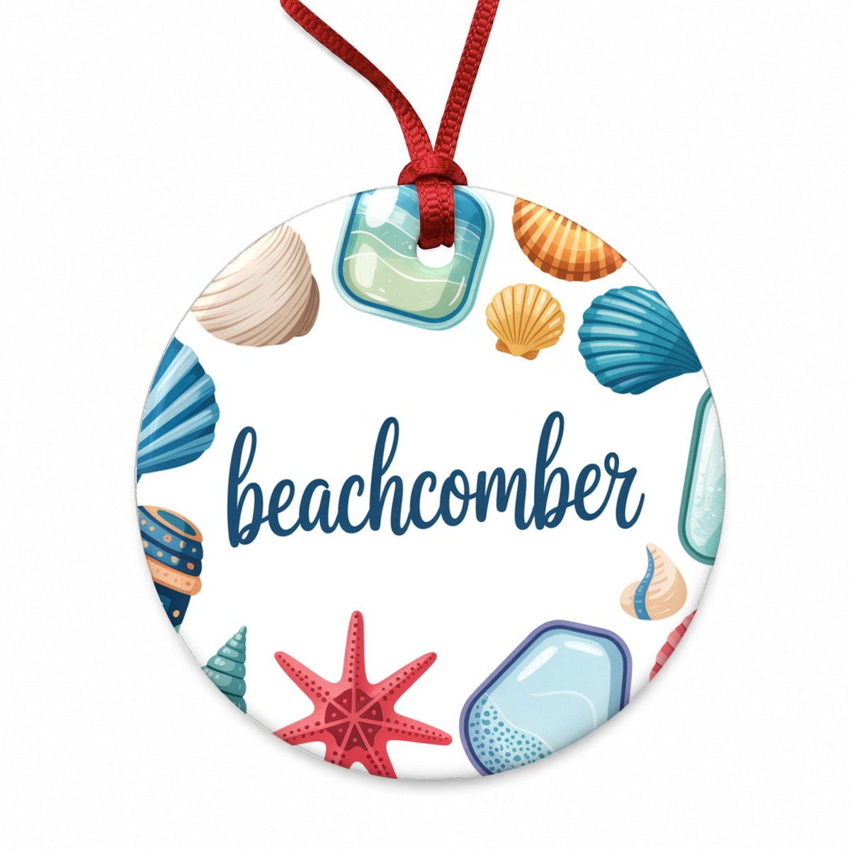 Beachcomber Seashells Sea Glass Round Ceramic Holiday Christmas Tree Ornament