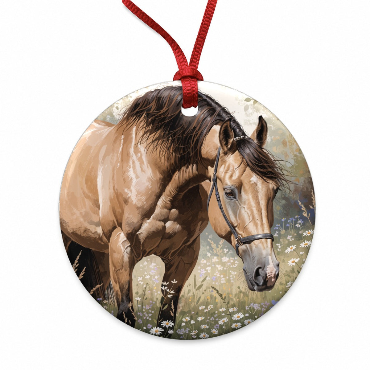 Beautiful Horse Wildflowers Round Ceramic Holiday Christmas Tree Ornament