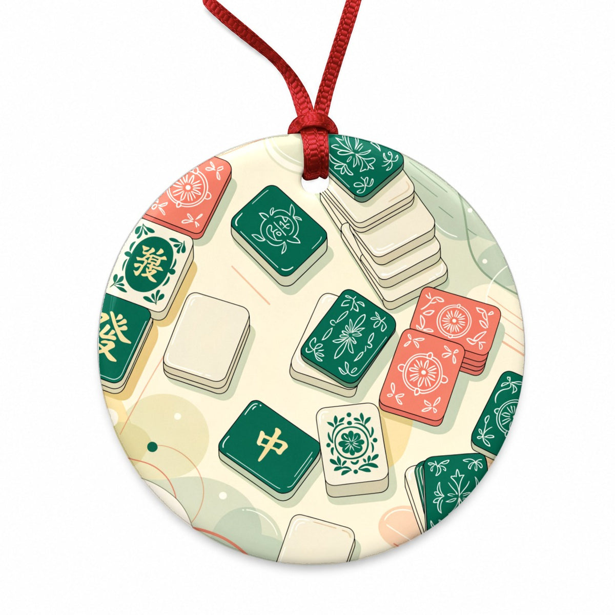 Beautiful Mahjong Tiles Round Ceramic Holiday Christmas Tree Ornament