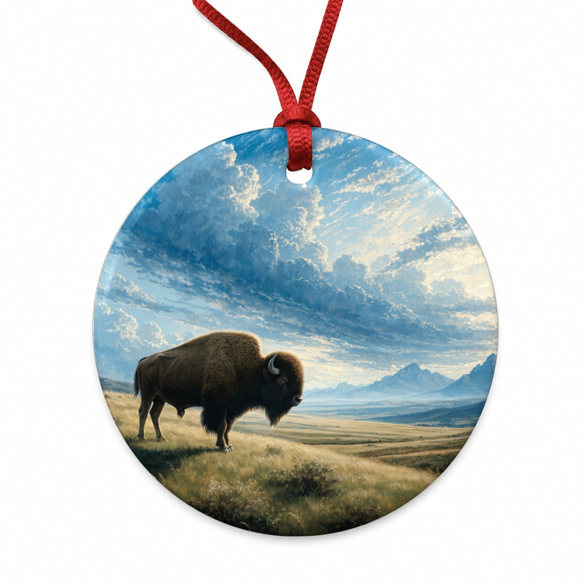 Bison Prairie Landscape Round Ceramic Holiday Christmas Tree Ornament