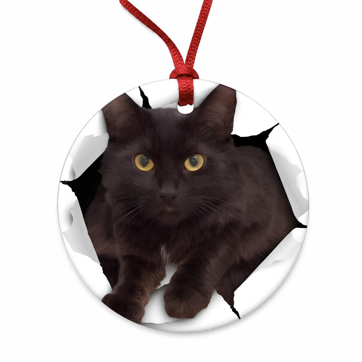 Black Cat Breakout Round Ceramic Holiday Christmas Tree Ornament