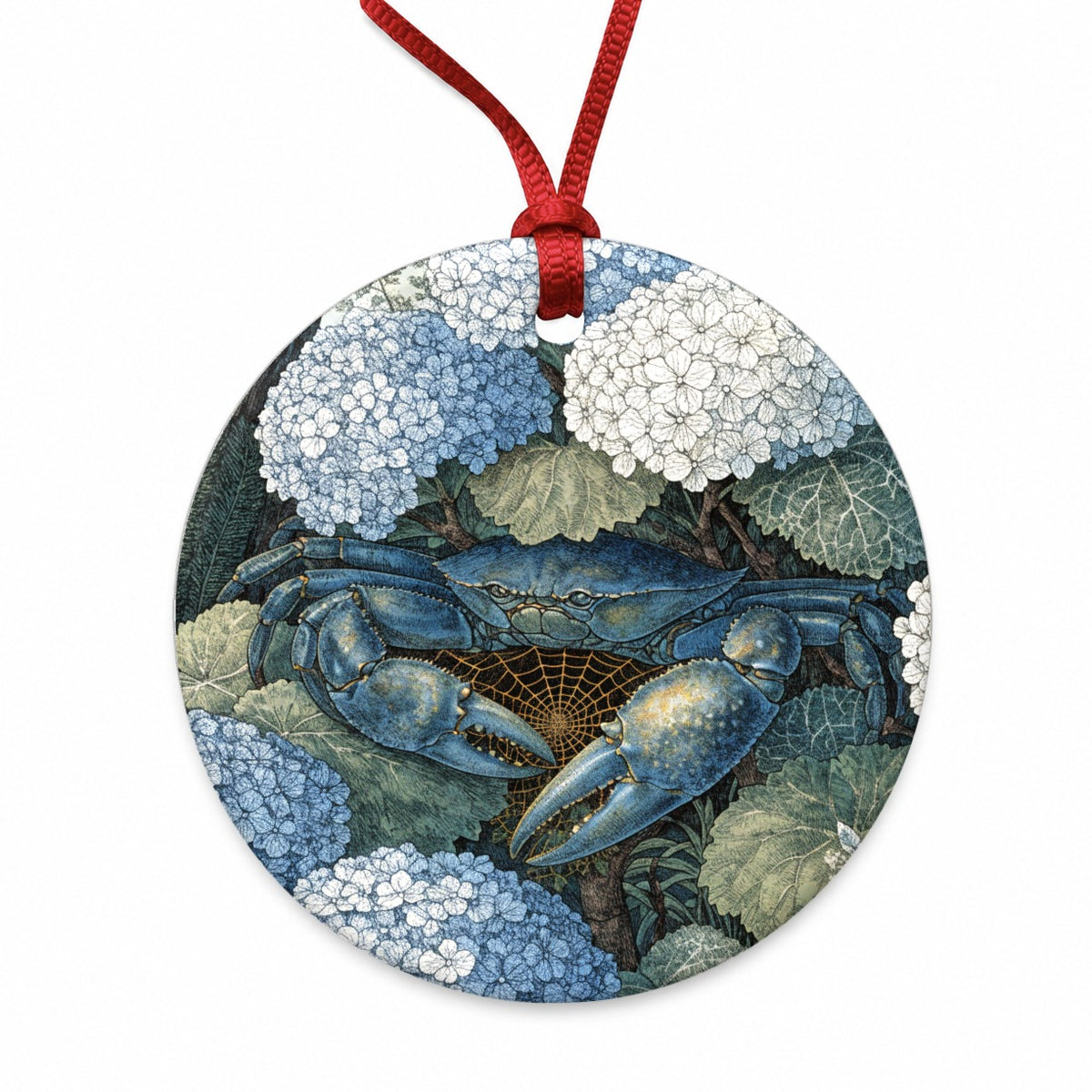 Blue Crab Hydrangea Garden Round Ceramic Holiday Christmas Tree Ornament