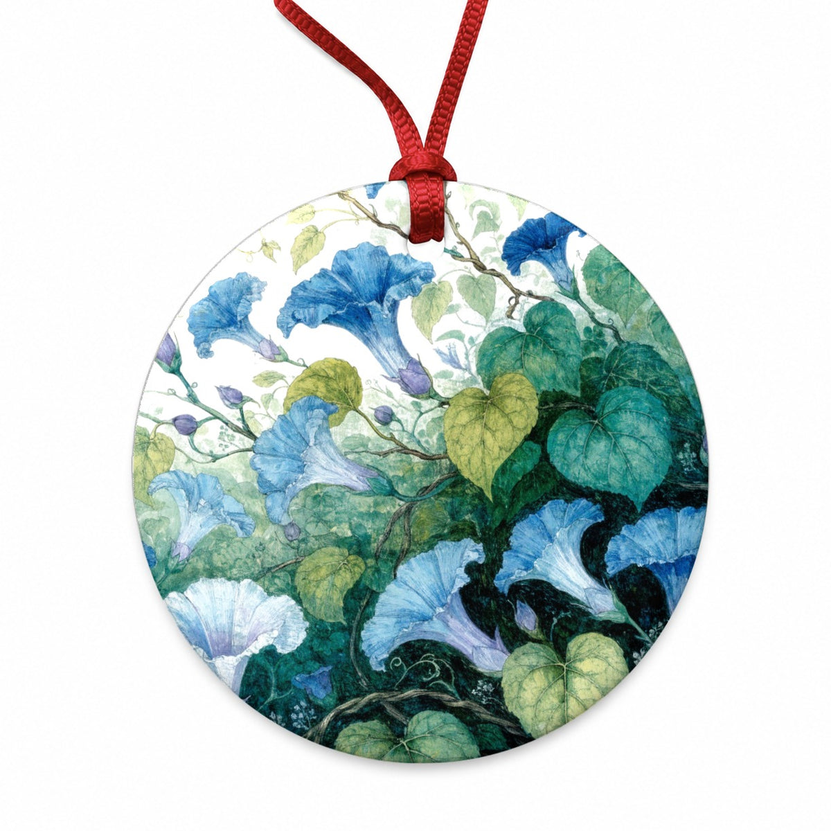 Blue Morning Glory Vines Round Ceramic Holiday Christmas Tree Ornament