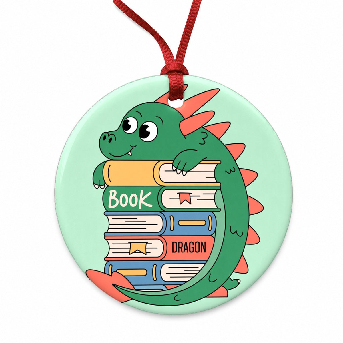 Book Dragon Reader Funny Round Ceramic Holiday Christmas Tree Ornament
