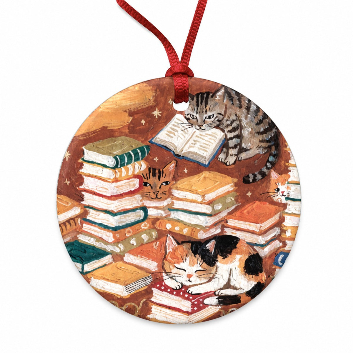 Bookish Cozy Cats Sleeping Reading Round Ceramic Holiday Christmas Tree Ornament