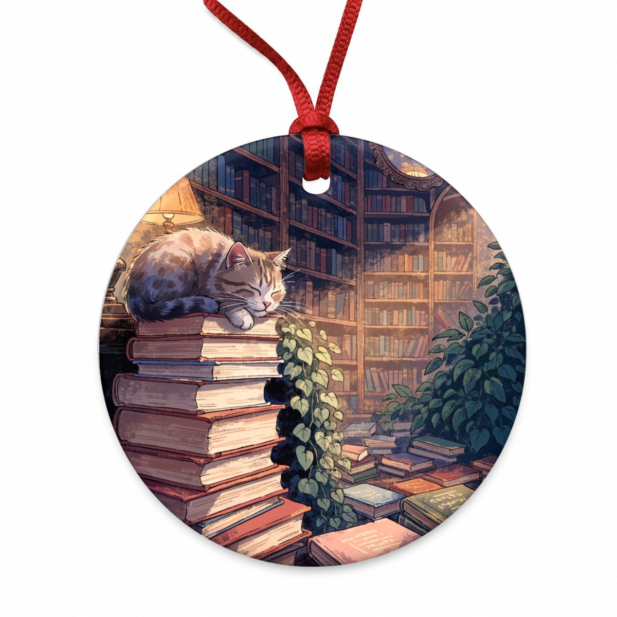 Bookstore Cat Round Ceramic Holiday Christmas Tree Ornament