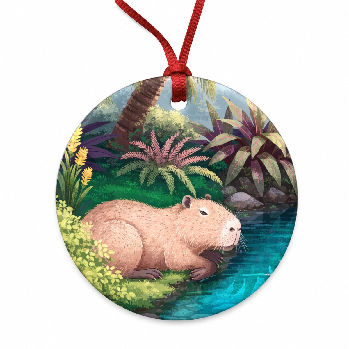 Capybara Tropical Pond Round Ceramic Holiday Christmas Tree Ornament
