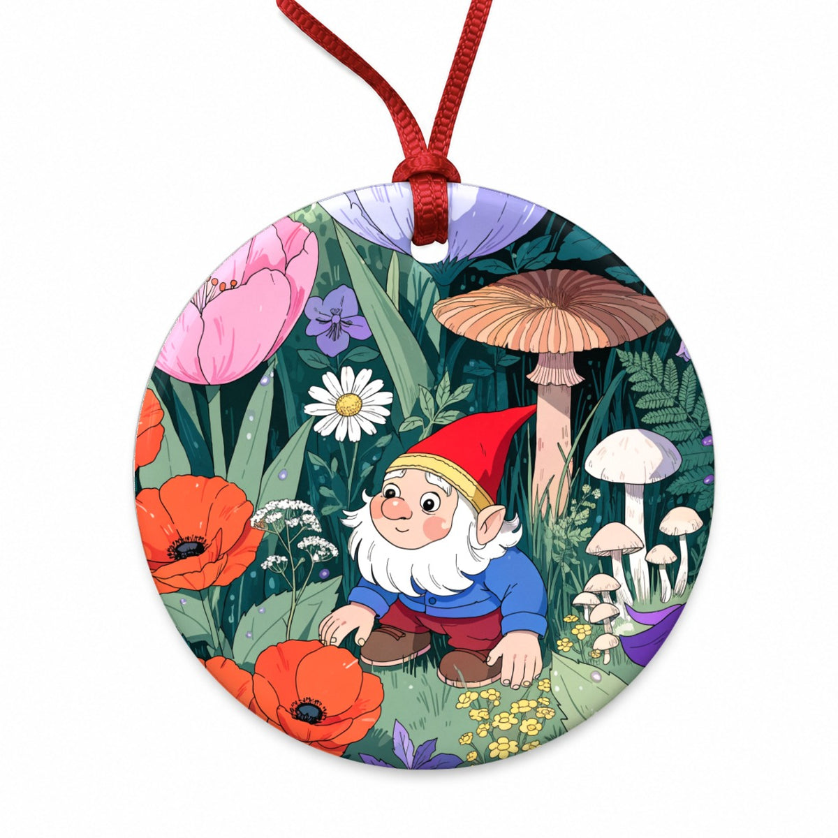 Charming Gnome Flower Garden Round Ceramic Holiday Christmas Tree Ornament