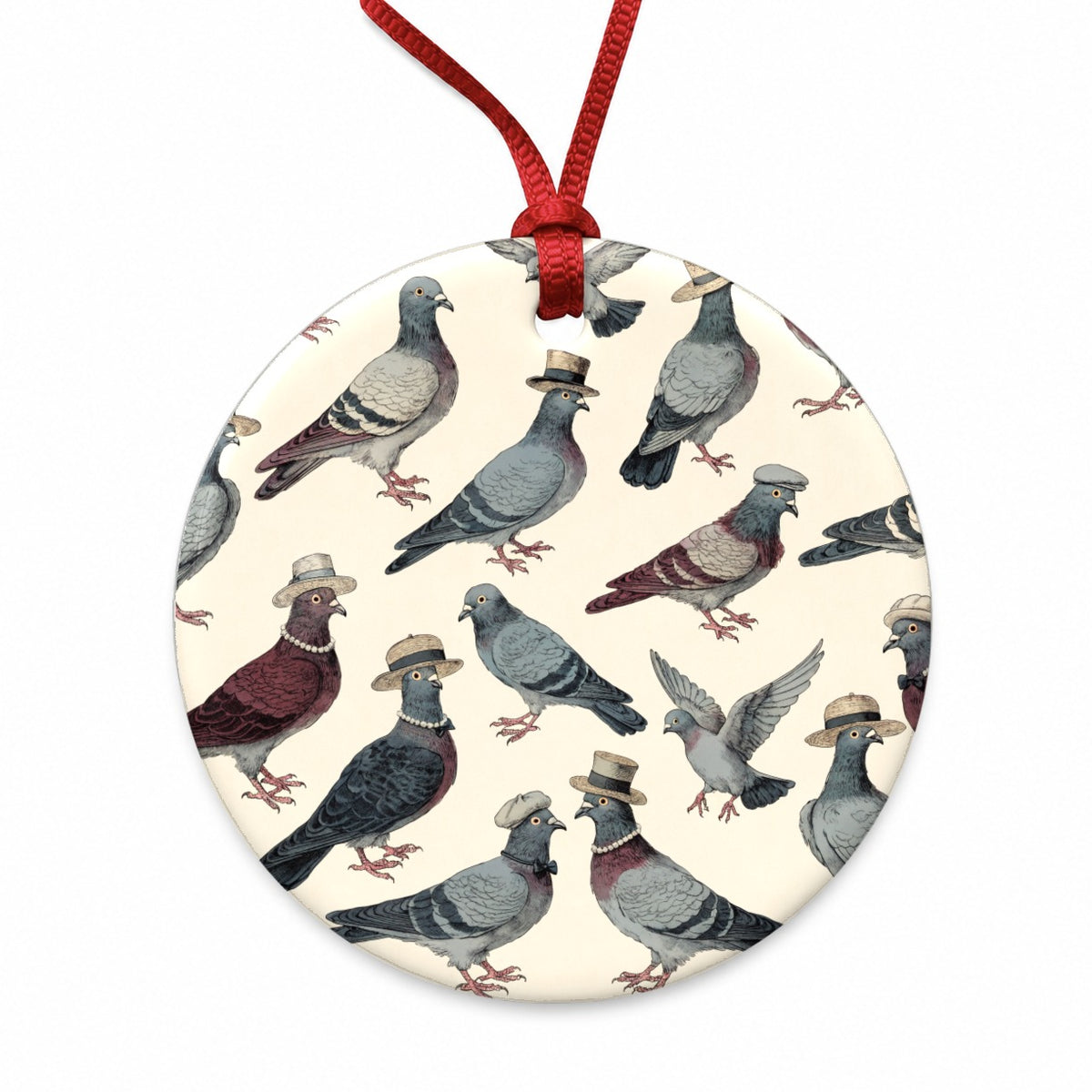 Charming Pigeons Wearing Hat Round Ceramic Holiday Christmas Tree Ornament
