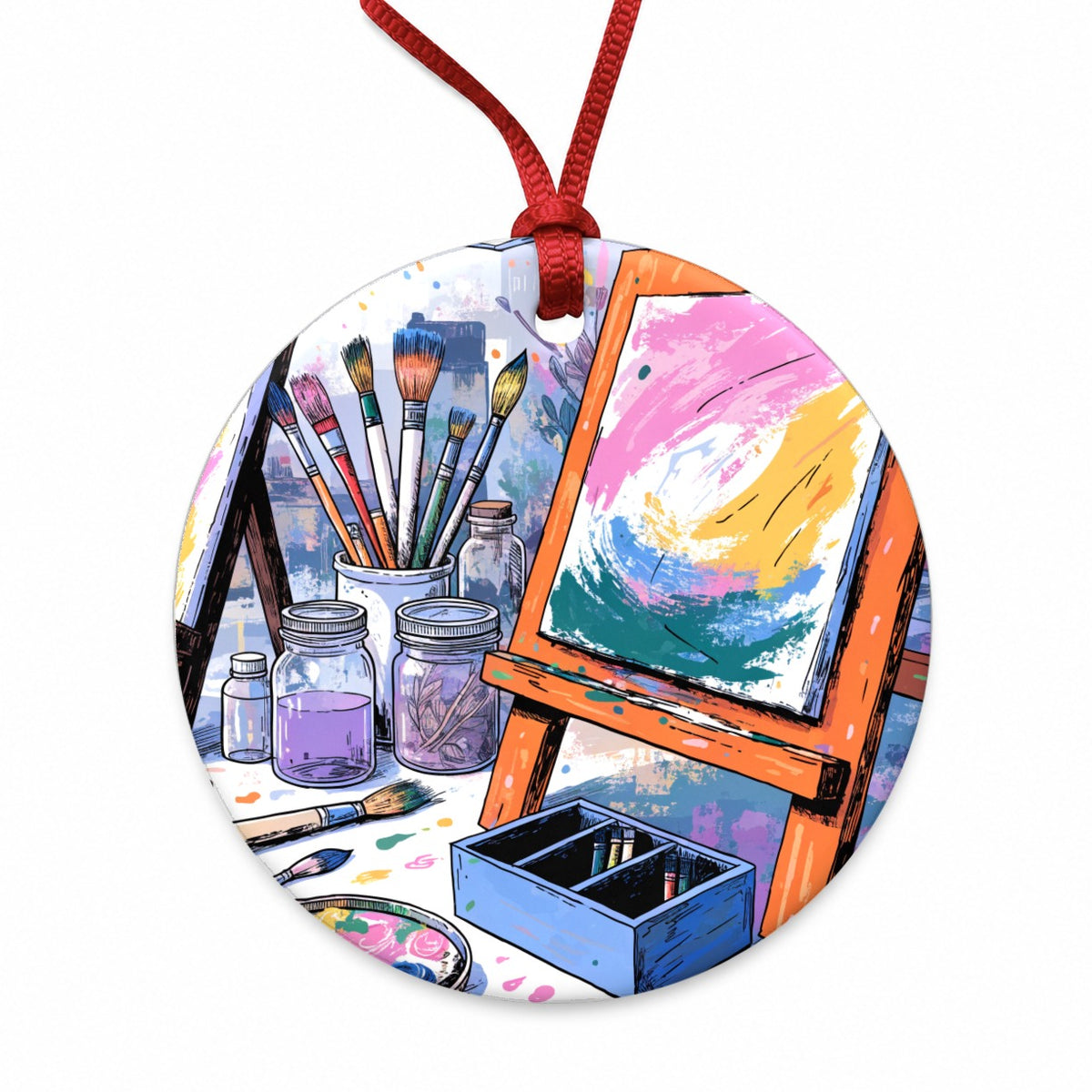 Colorful Artist Painting Studio Round Ceramic Holiday Christmas Tree Ornament