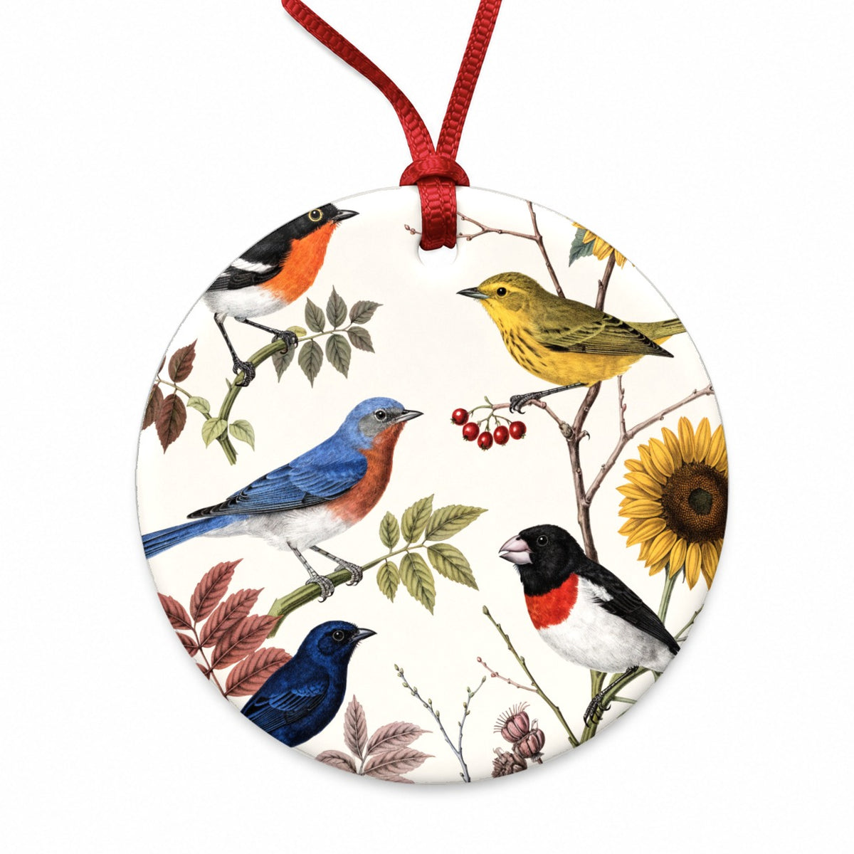 Colorful Backyard Songbirds Round Ceramic Holiday Christmas Tree Ornament