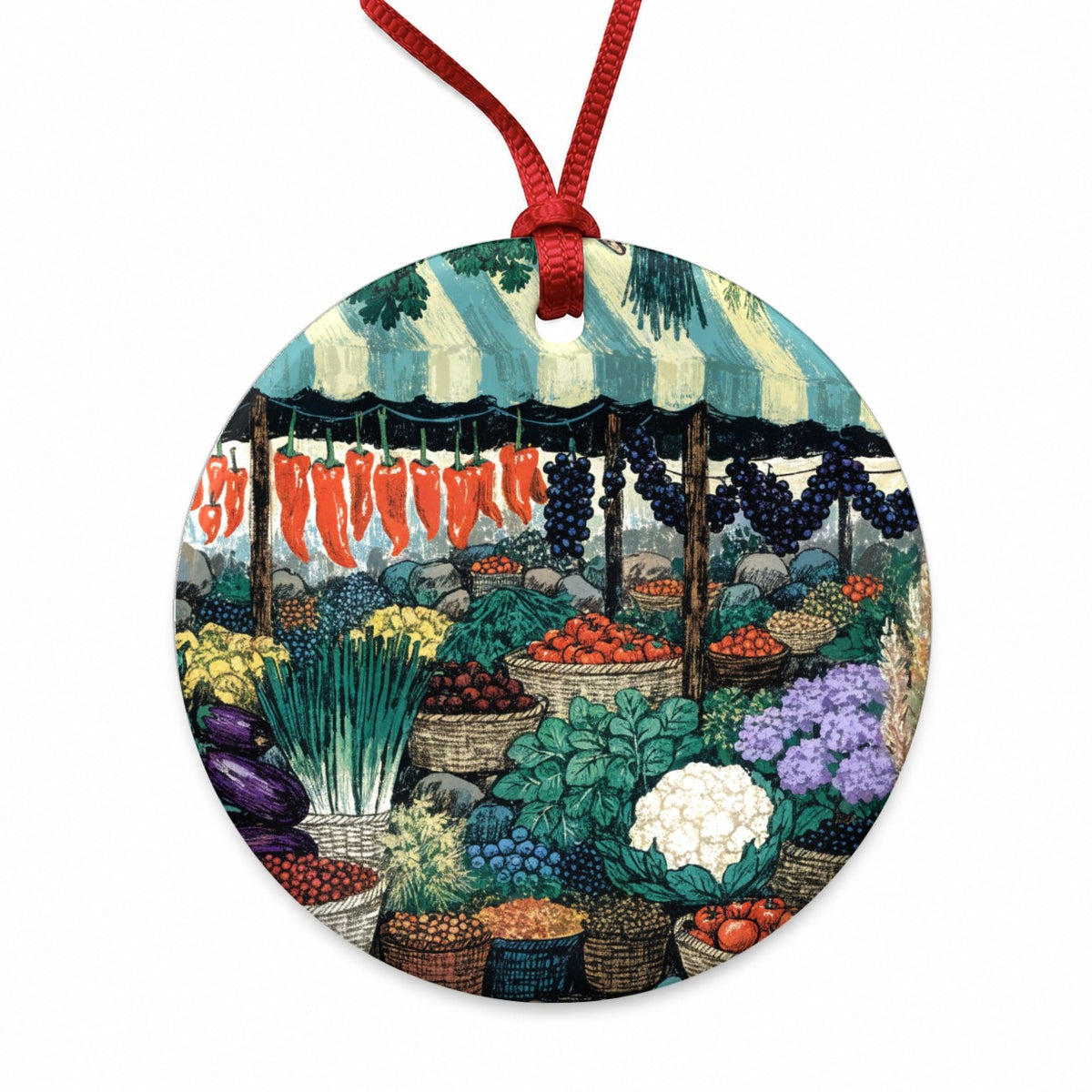Colorful Farmers Market Round Ceramic Holiday Christmas Tree Ornament