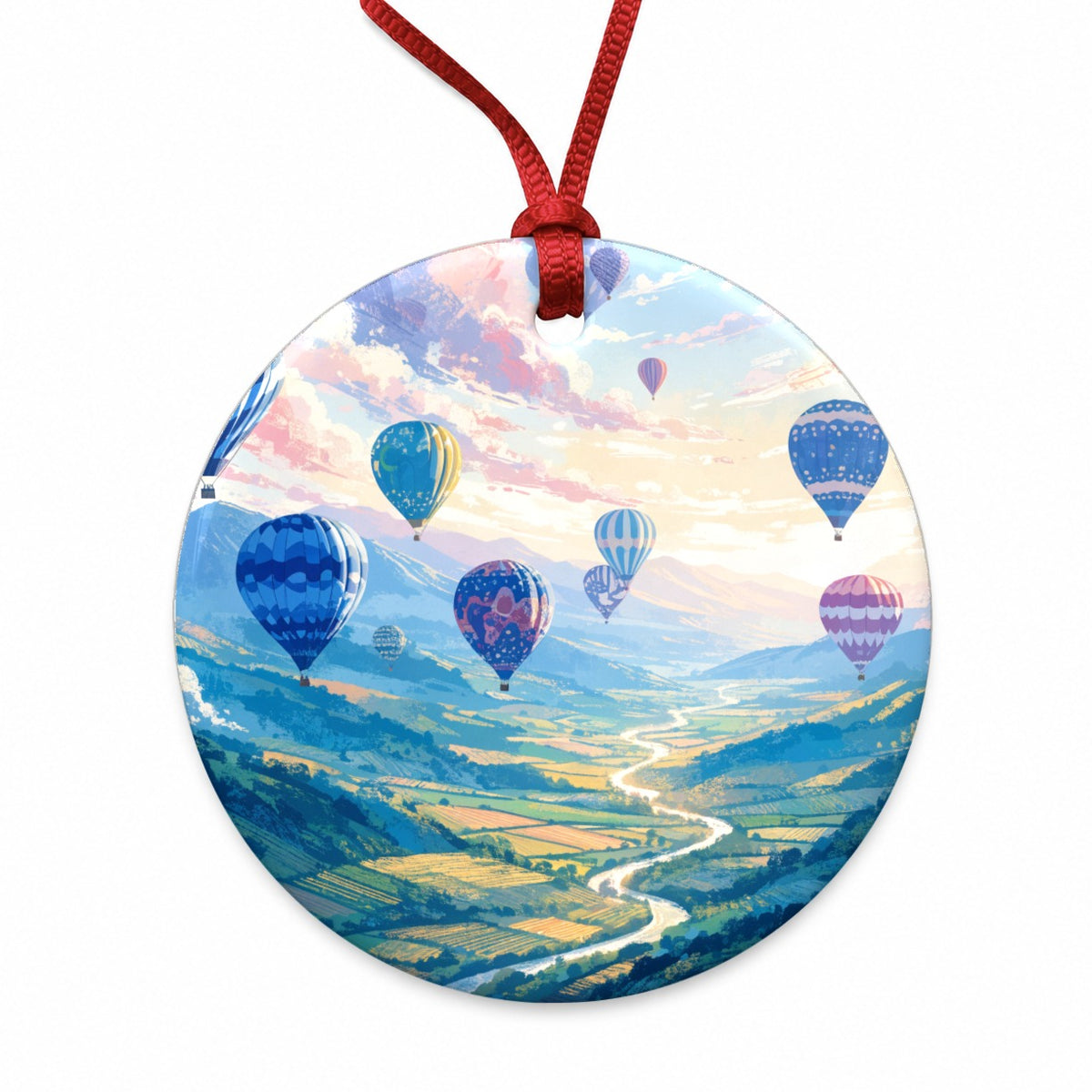 Colorful Hot Air Balloons Round Ceramic Holiday Christmas Tree Ornament