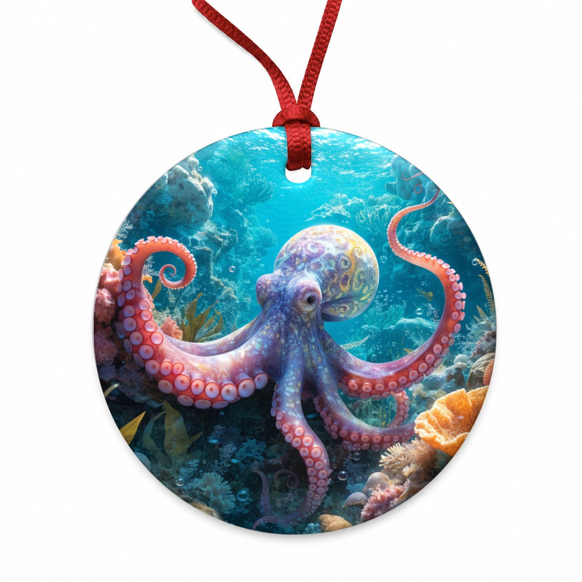 Colorful Octopus Reef Round Ceramic Holiday Christmas Tree Ornament