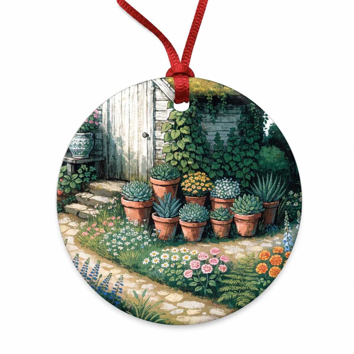 Cottage Garden Shed Round Ceramic Holiday Christmas Tree Ornament