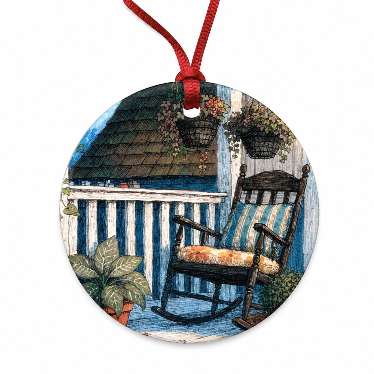 Cozy Cottage Porch Round Ceramic Holiday Christmas Tree Ornament