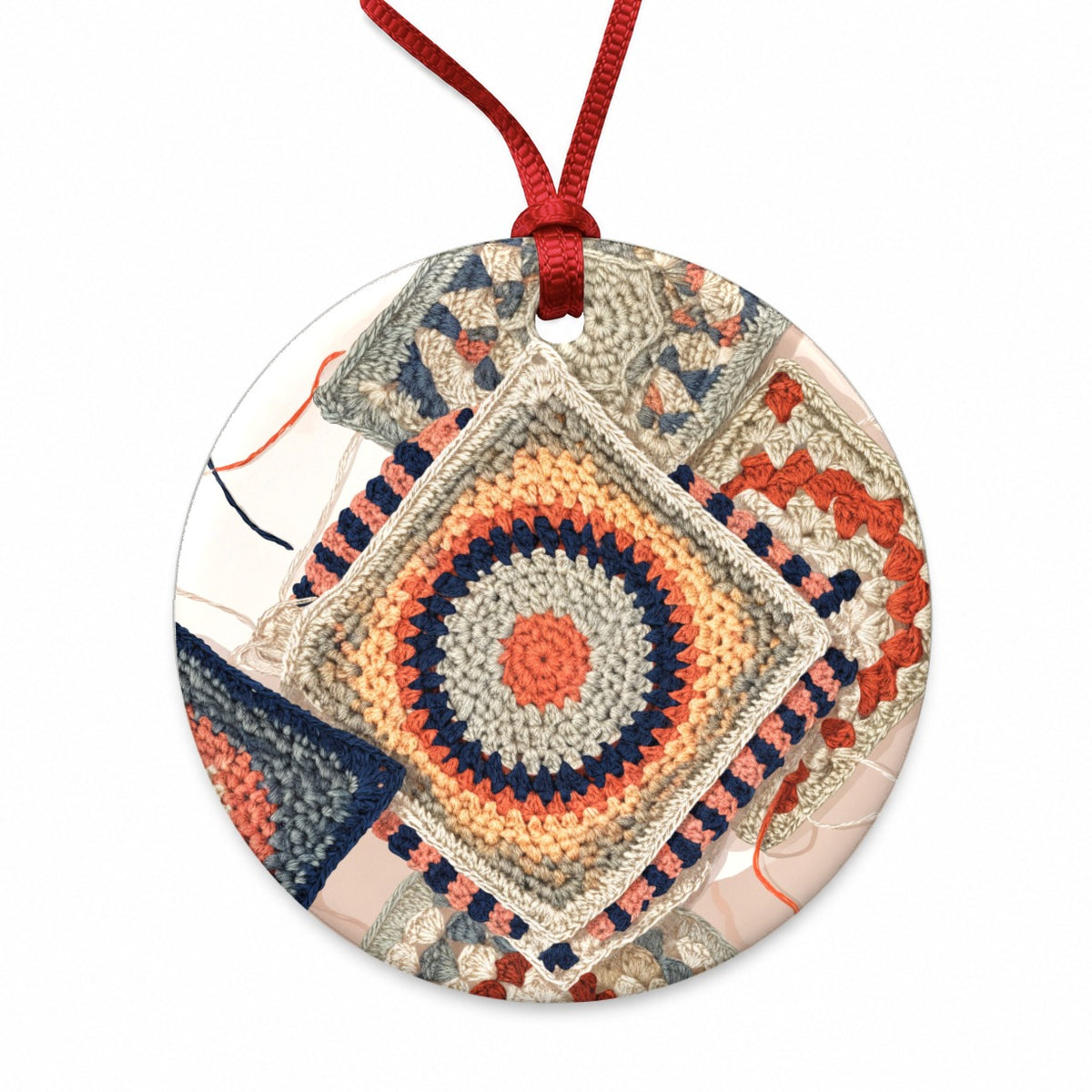 Cozy Crochet Granny Squares Round Ceramic Holiday Christmas Tree Ornament
