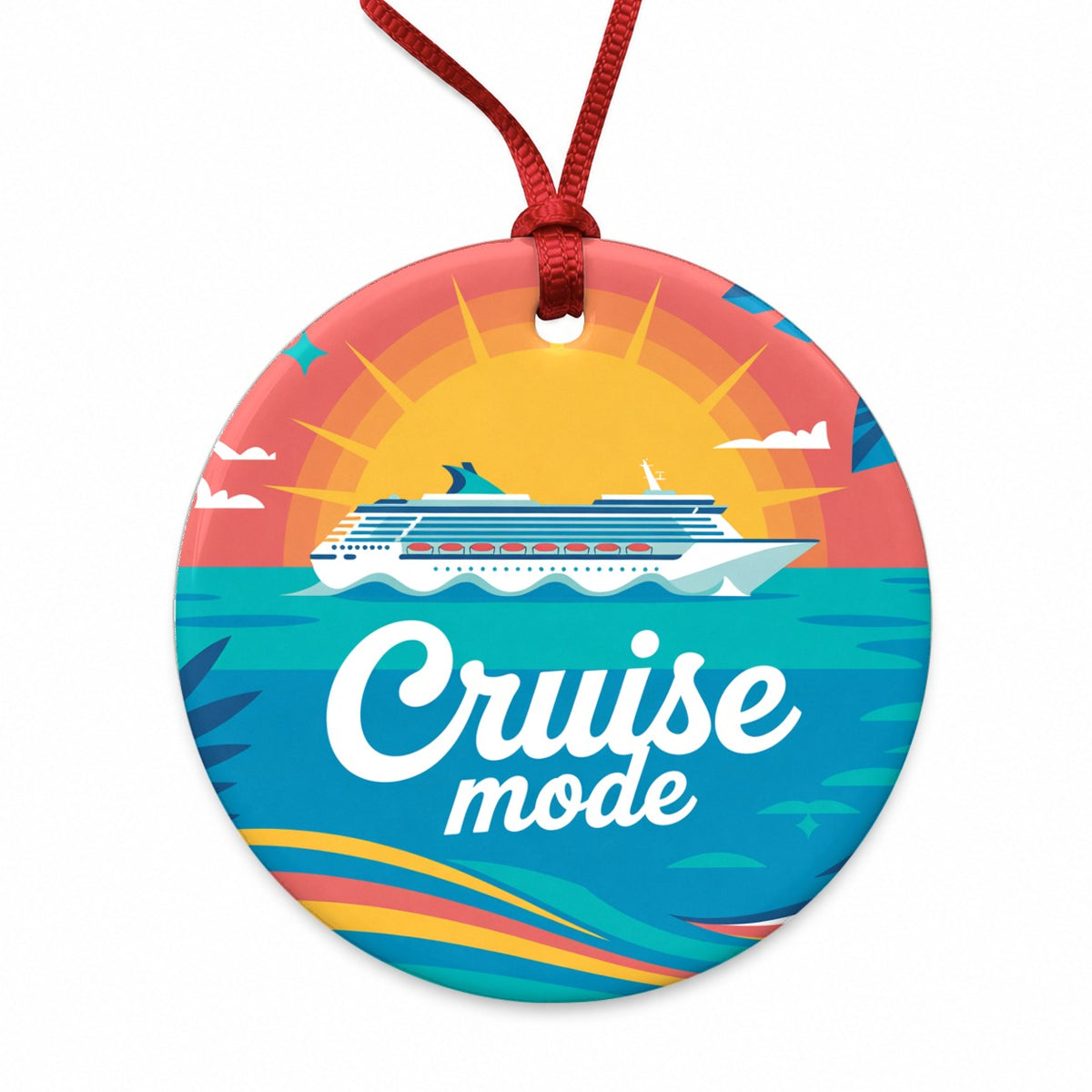 Cruise Mode Ship Vacation Colorful Round Ceramic Holiday Christmas Tree Ornament