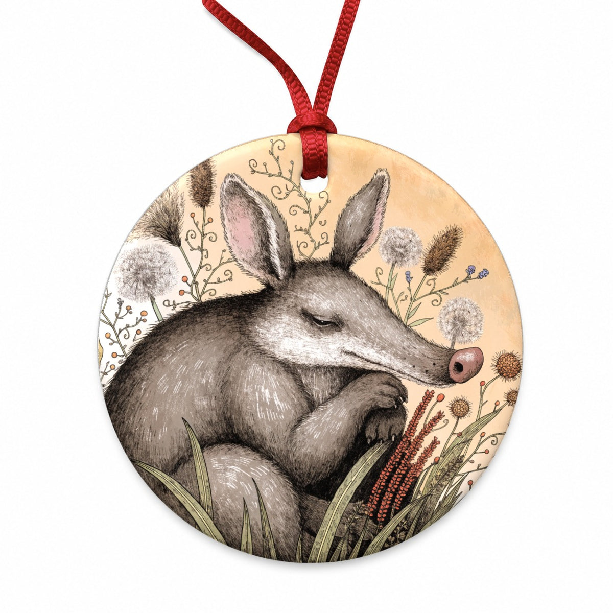 Cute Aardvark Illustration Round Ceramic Holiday Christmas Tree Ornament