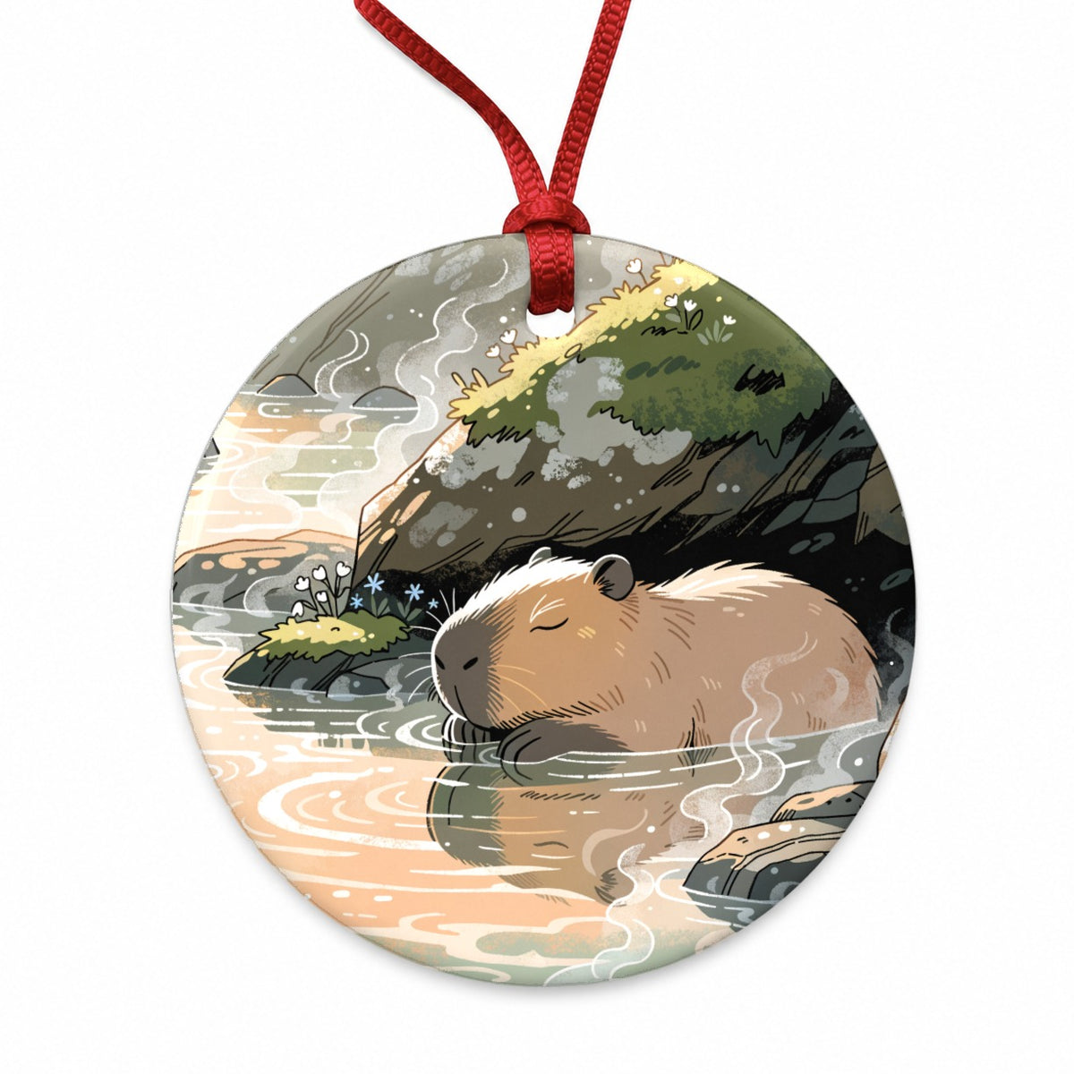 Cute Capybara Relaxing Round Ceramic Holiday Christmas Tree Ornament