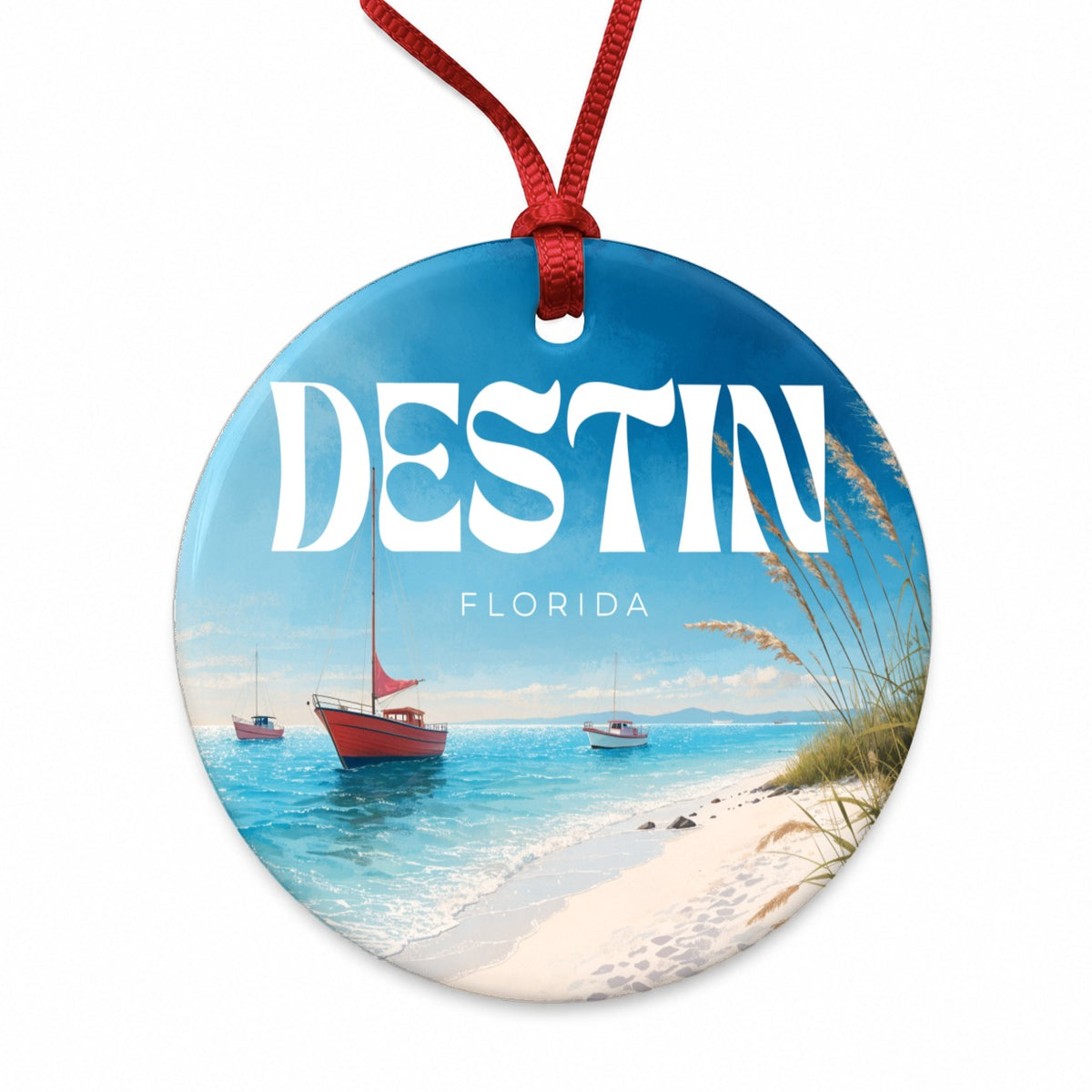 Destin Florida Travel Round Ceramic Holiday Christmas Tree Ornament