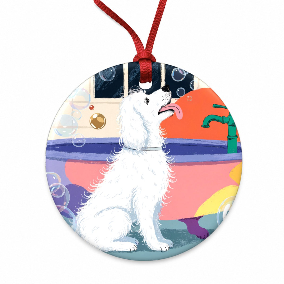 Dog Groomer Bubble Bath Round Ceramic Holiday Christmas Tree Ornament