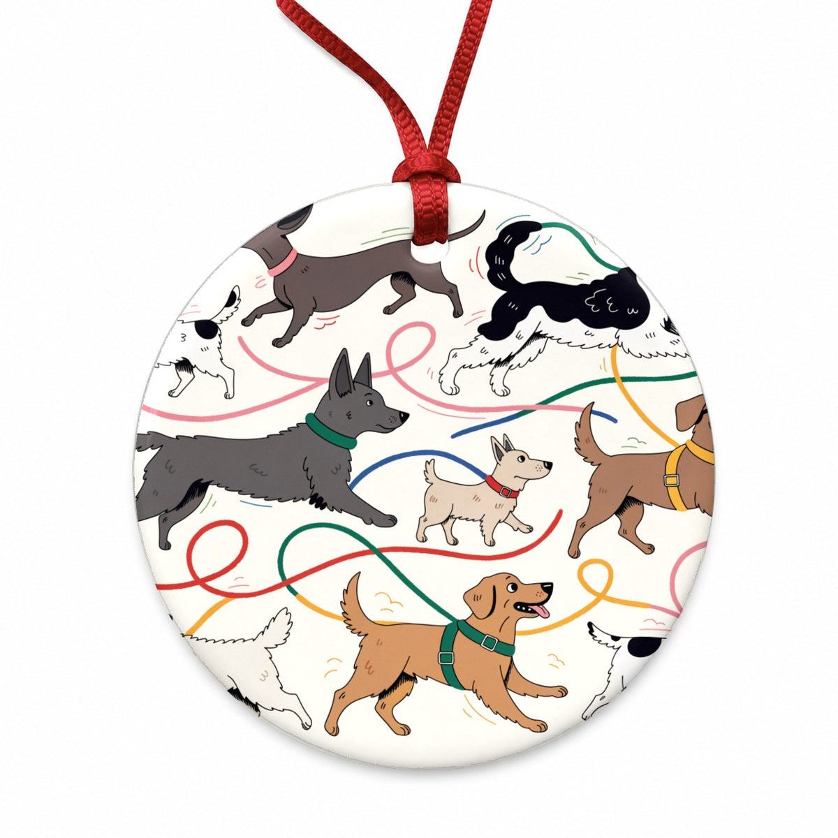 Dog Walk Chaos Round Ceramic Holiday Christmas Tree Ornament