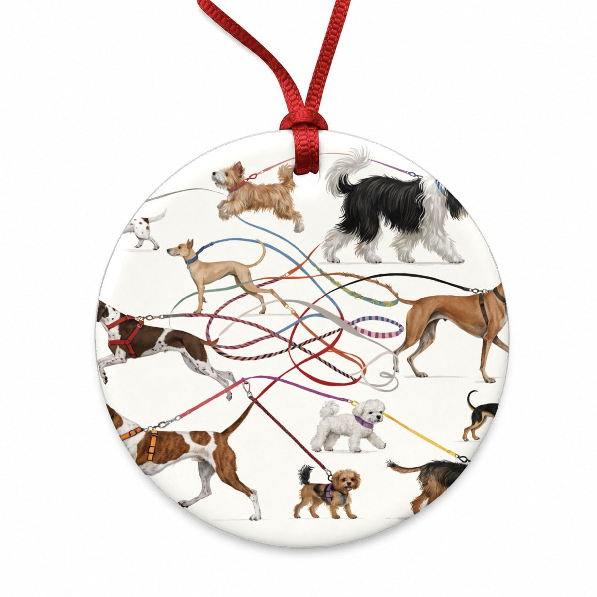 Dog Walking Fun Round Ceramic Holiday Christmas Tree Ornament