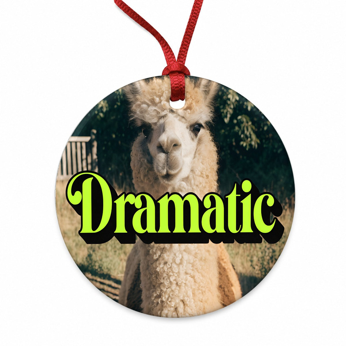 Dramatic Llama Funny Round Ceramic Holiday Christmas Tree Ornament