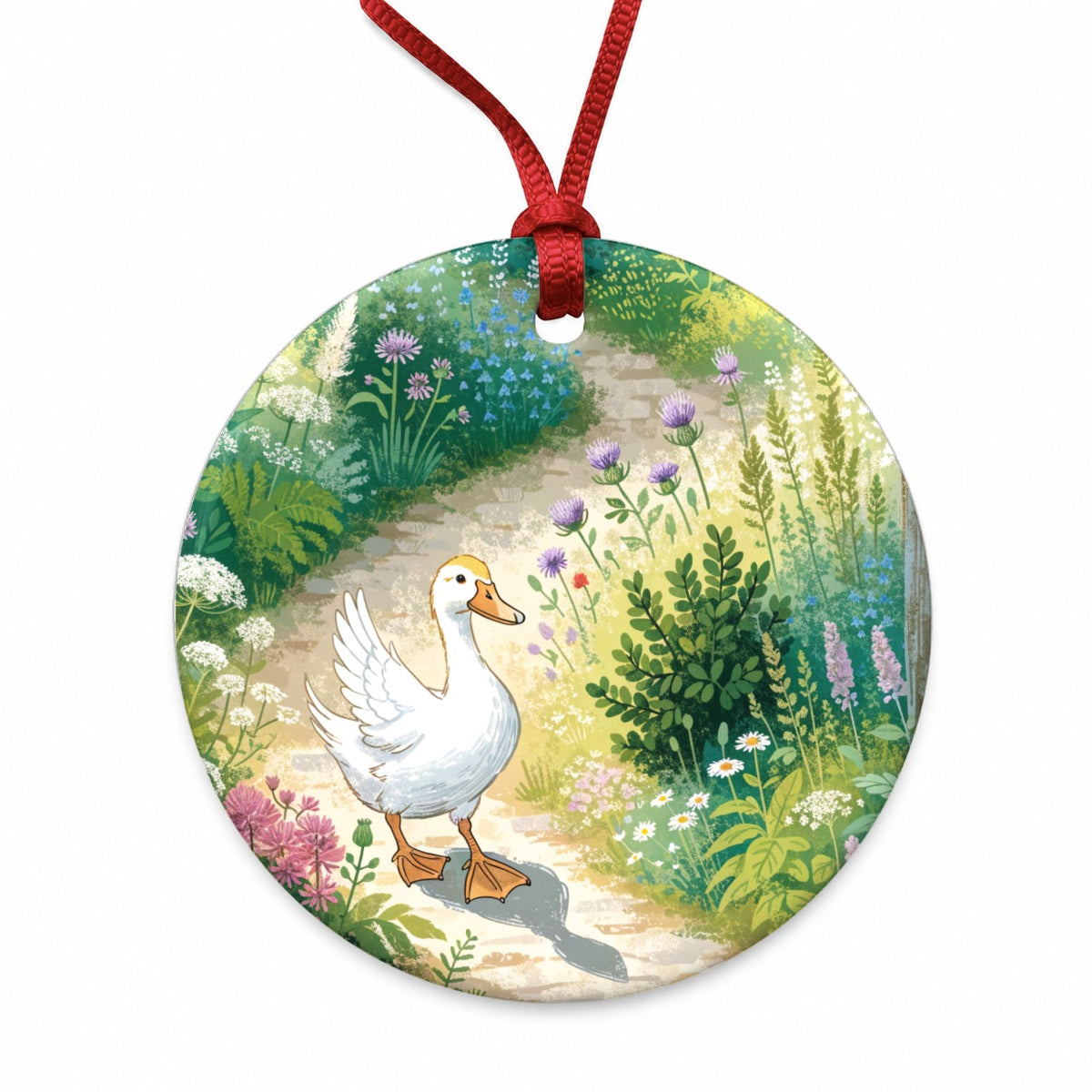 Duck Cottage Garden Round Ceramic Holiday Christmas Tree Ornament
