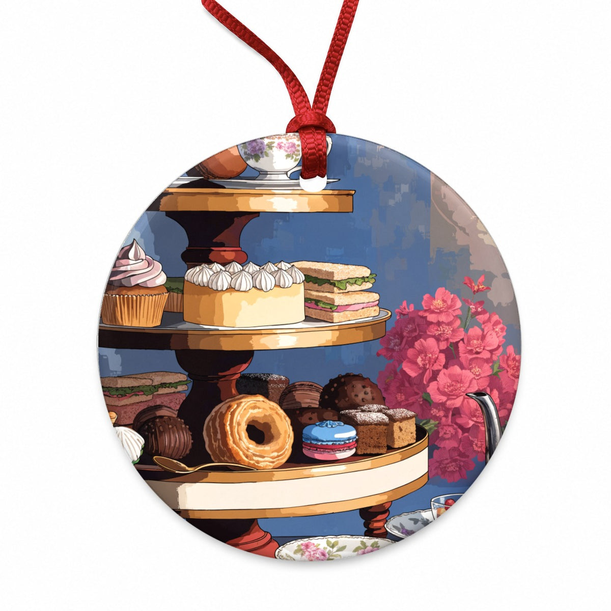 Elegant Afternoon Tea Round Ceramic Holiday Christmas Tree Ornament