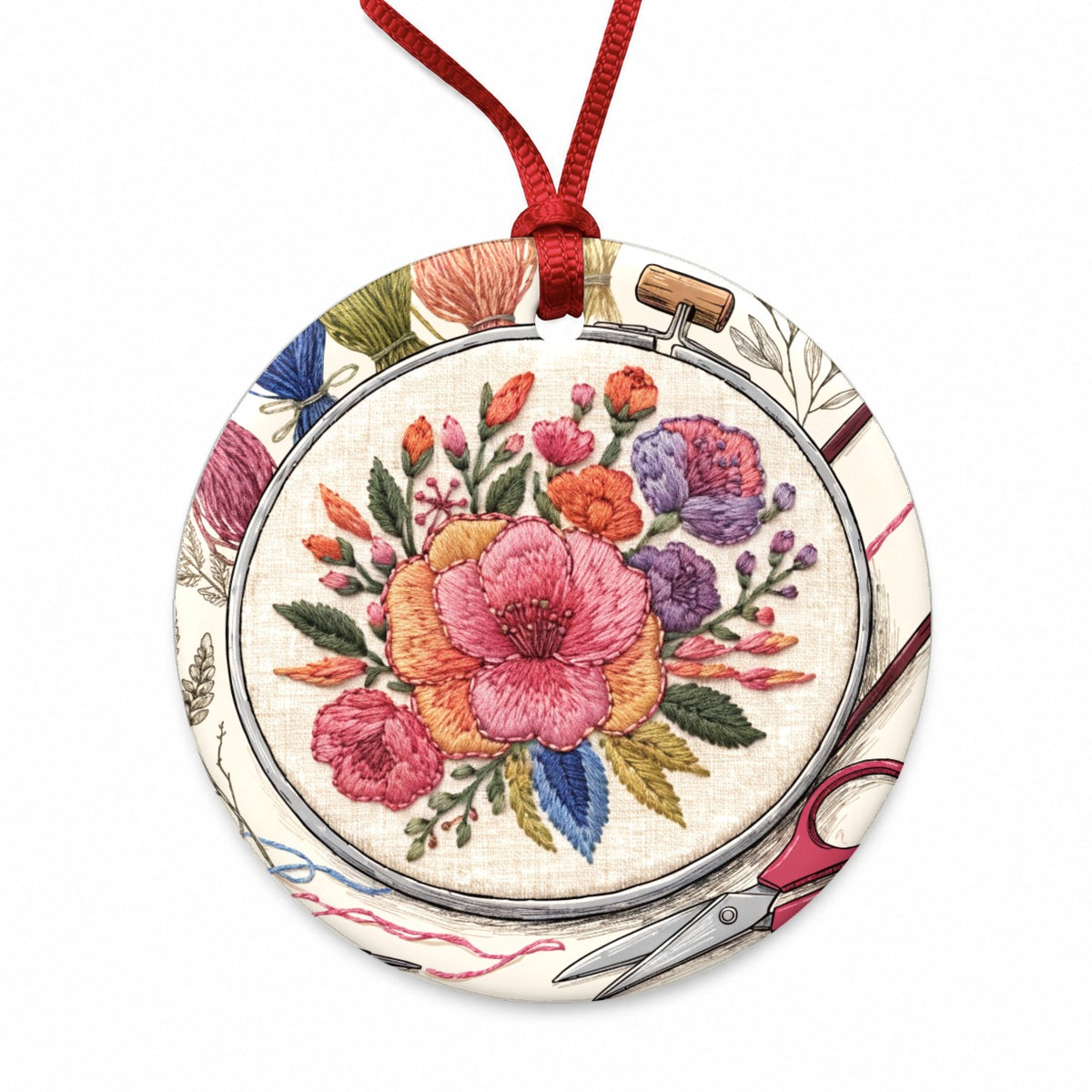 Embroidery Floral Hoop Round Ceramic Holiday Christmas Tree Ornament