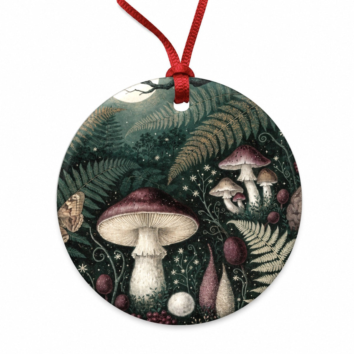 Enchanted Forest Floor Mushrooms Ferns Round Ceramic Holiday Christmas Tree Ornament