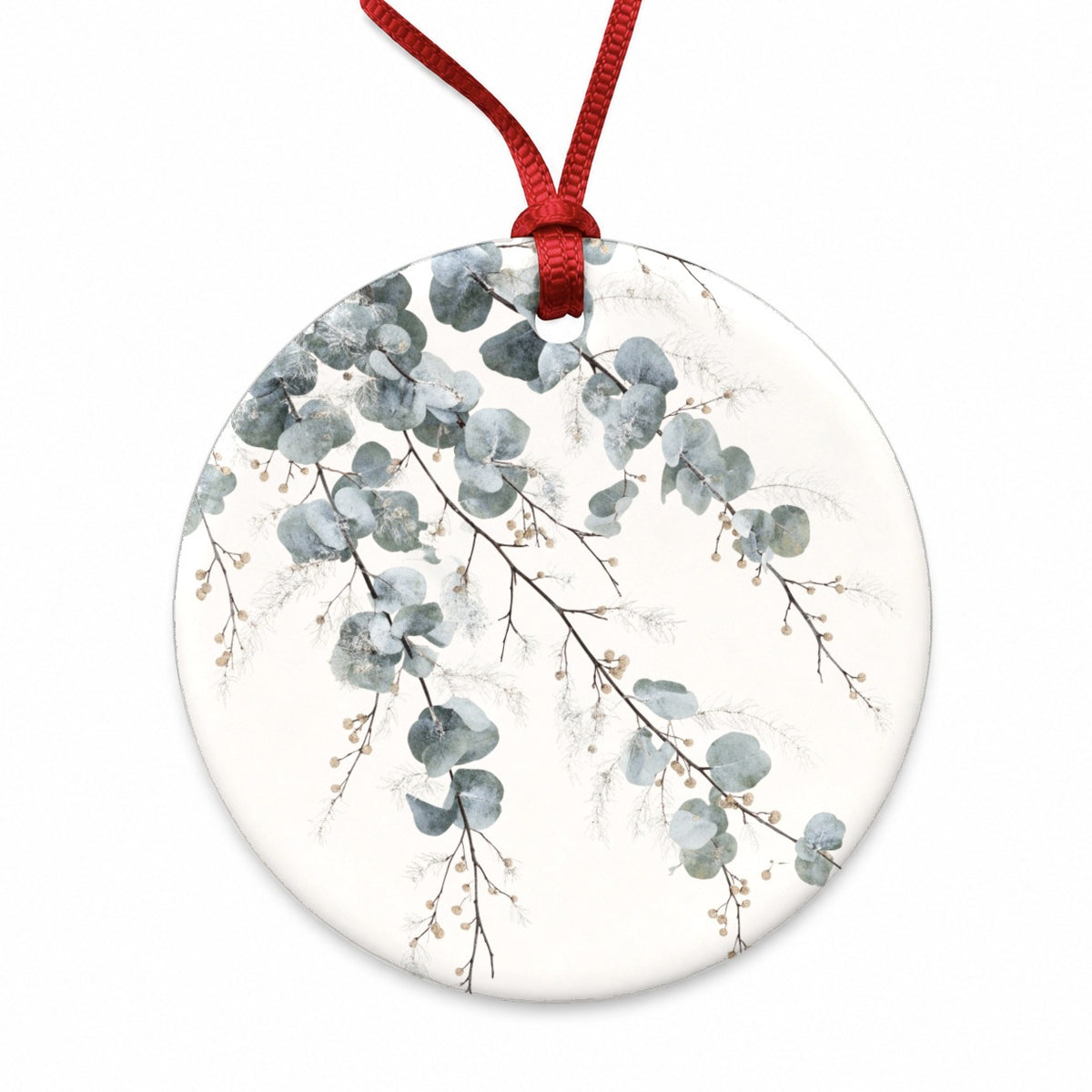 Eucalyptus Botanical Branches Round Ceramic Holiday Christmas Tree Ornament