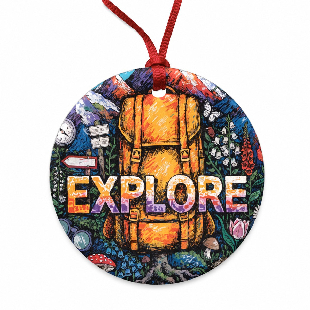 Explore Hiking Backpacking Illustration Round Ceramic Holiday Christmas Tree Ornament