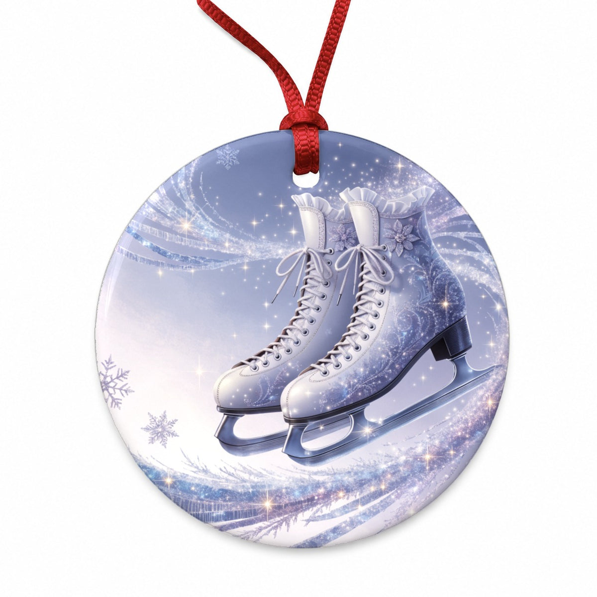 Figure Skating Ice Skates Elegant Round Ceramic Holiday Christmas Tree Ornament