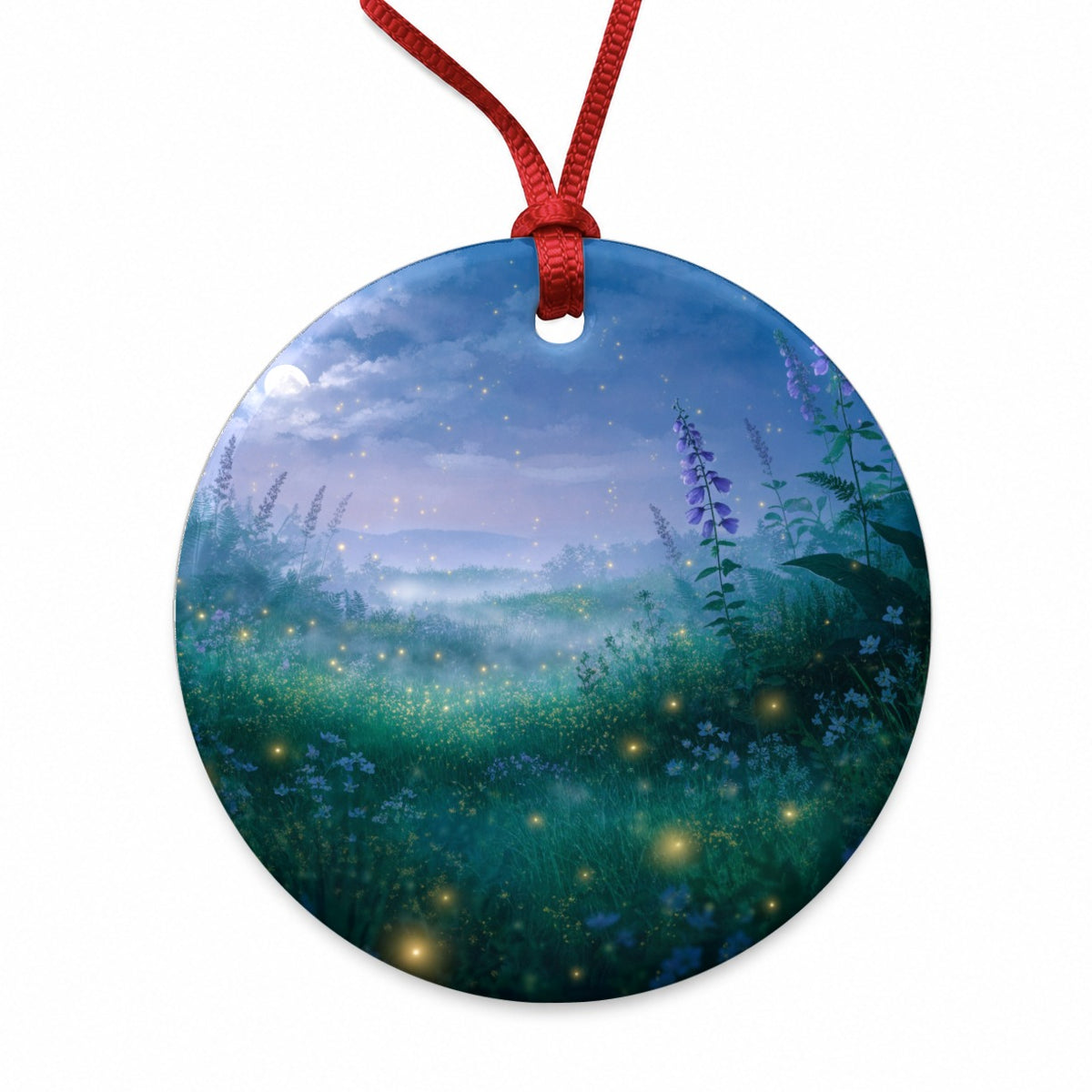 Fireflies Moonlit Wildflower Meadow Round Ceramic Holiday Christmas Tree Ornament