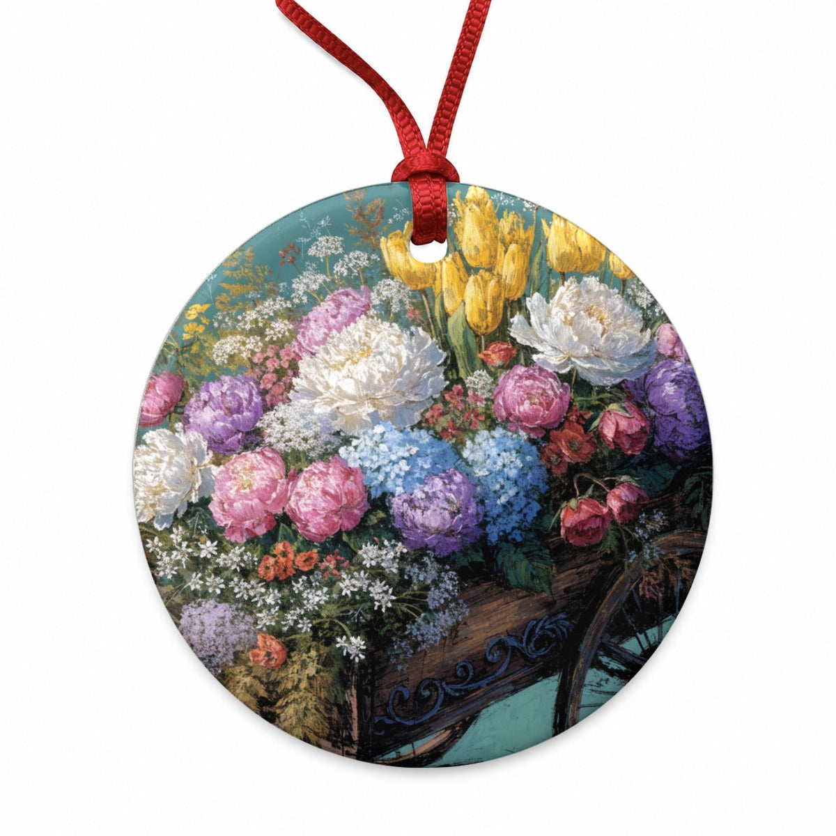 Flower Cart Overflowing Round Ceramic Holiday Christmas Tree Ornament