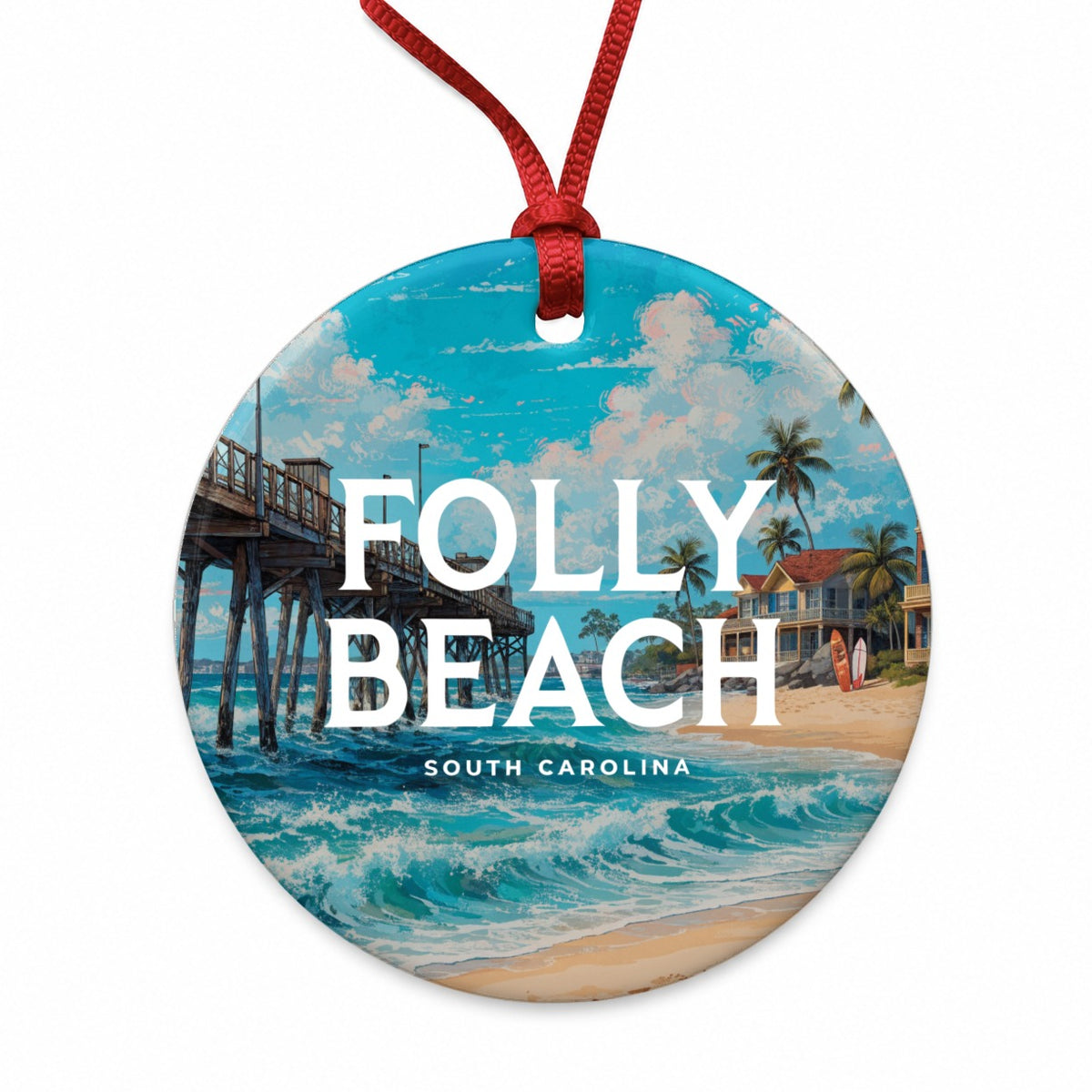 Folly Beach South Carolina Travel Round Ceramic Holiday Christmas Tree Ornament