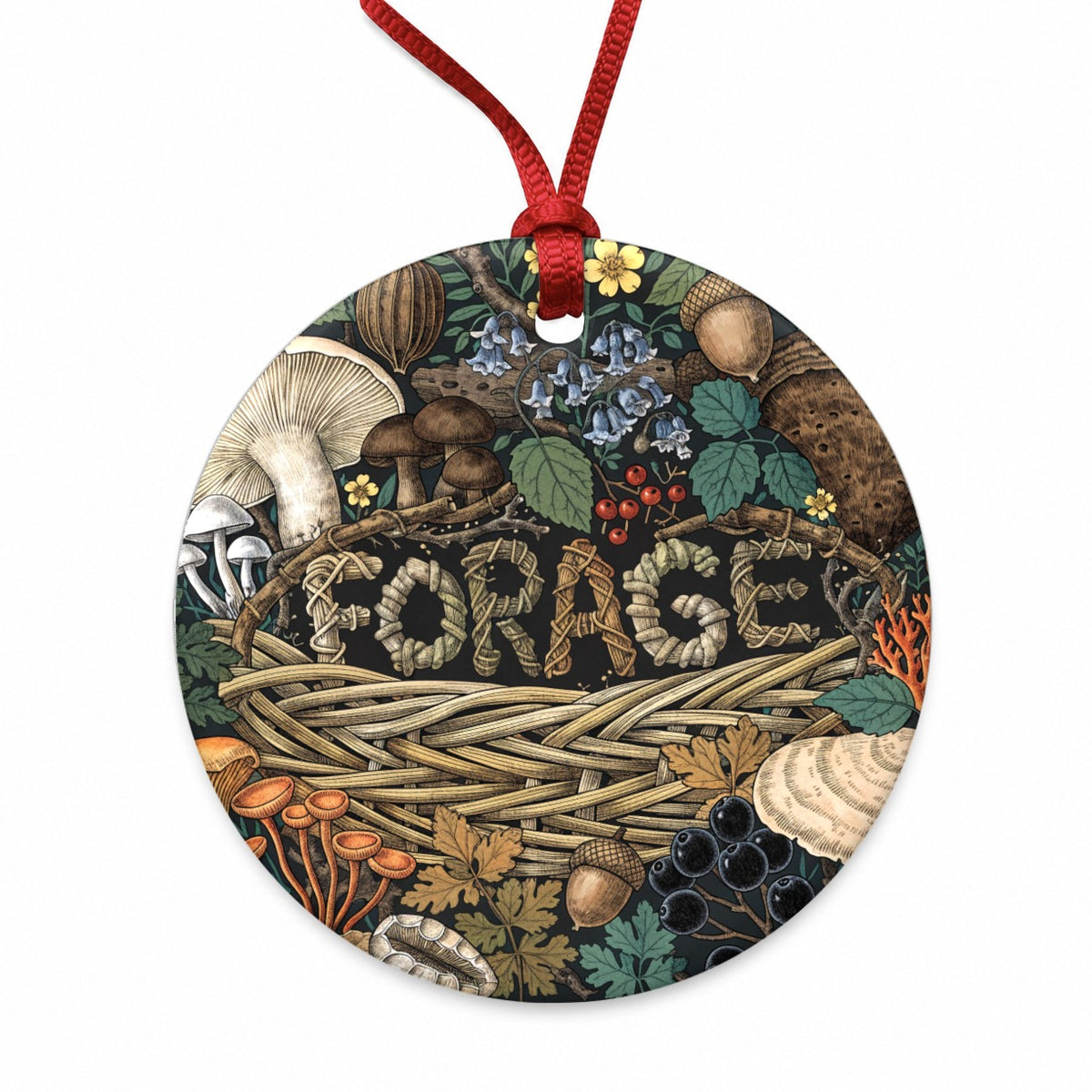 Forage Woodland Forest Mushrooms Round Ceramic Holiday Christmas Tree Ornament