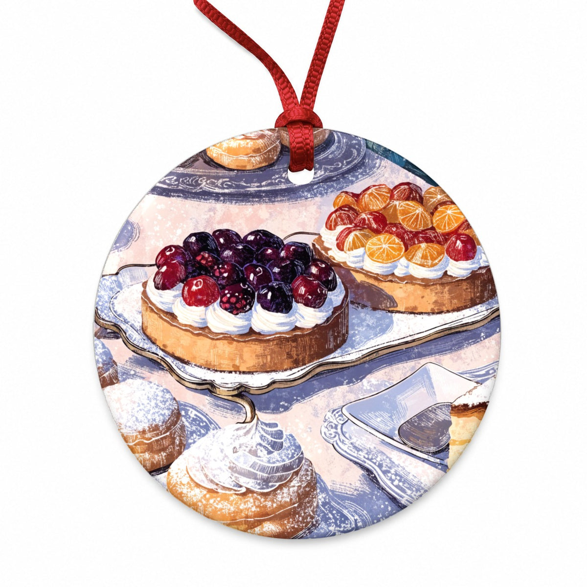 French Patisserie Pastries Round Ceramic Holiday Christmas Tree Ornament